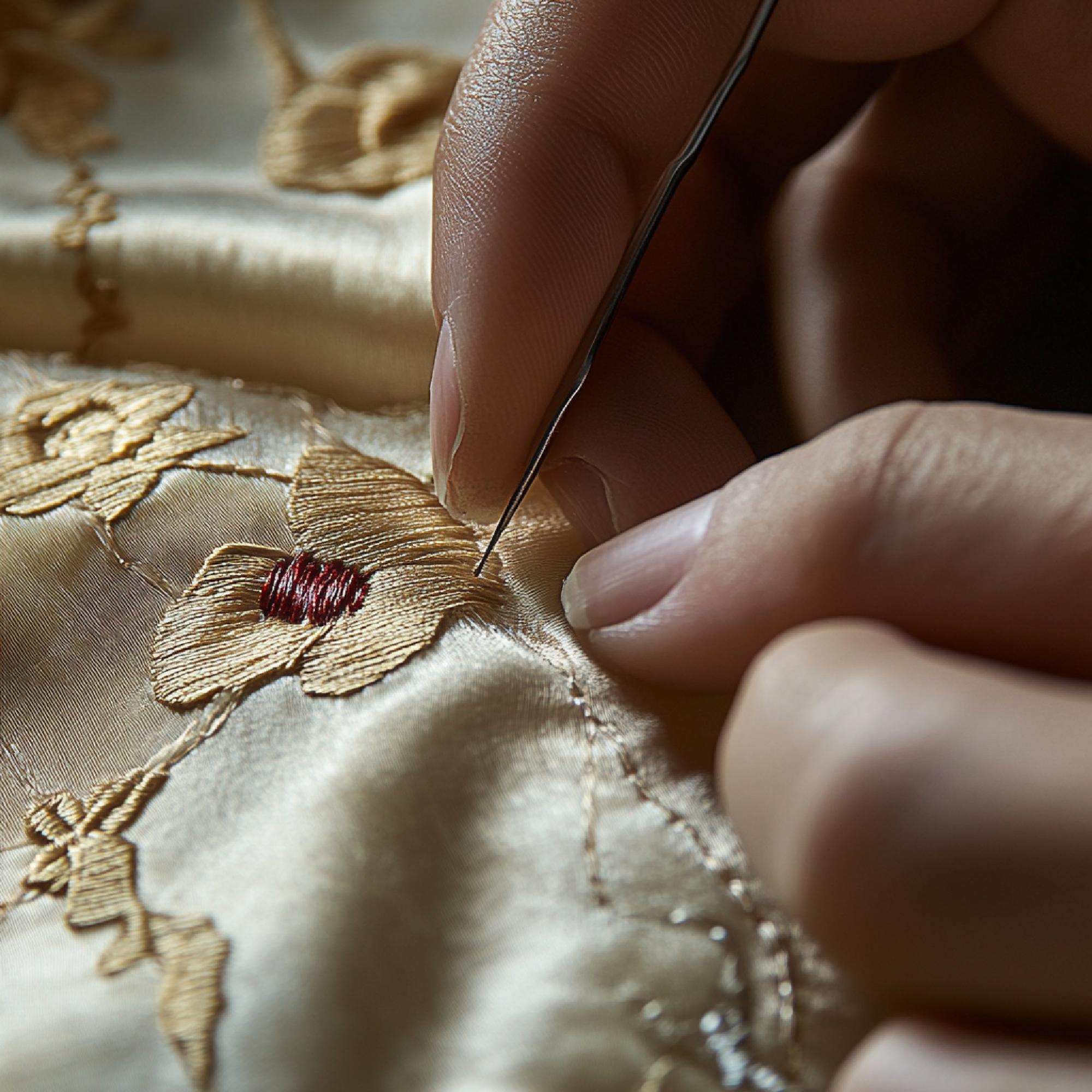 close-up of hand embroidery on linen with gold thread